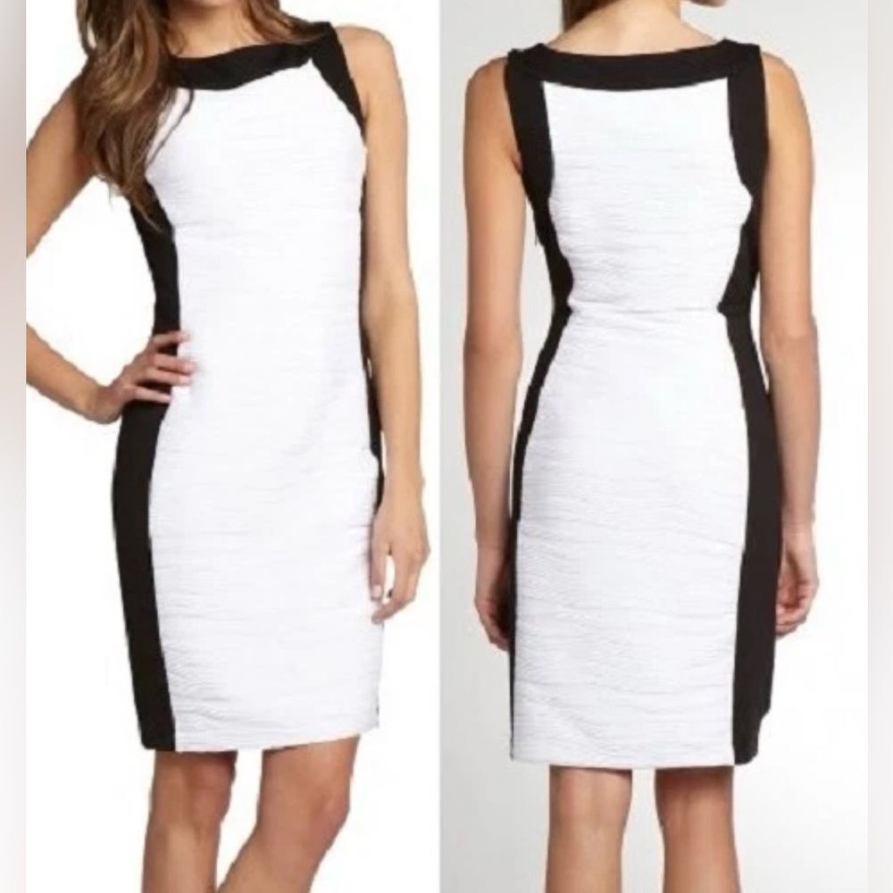 Calvin Klein Black White Colorblock Sleeveless Fitted Elegant Cocktail Dress. 4.